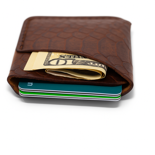 Slim Diagonal Handmade Veg-Tan Full Grain Leather Wallet – Embossed Python Pattern, Slim Minimalist Card Holder, Hand-Stitched