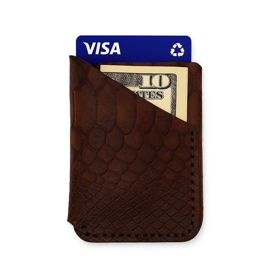 Slim Diagonal Handmade Veg-Tan Full Grain Leather Wallet – Embossed Python Pattern, Slim Minimalist Card Holder, Hand-Stitched