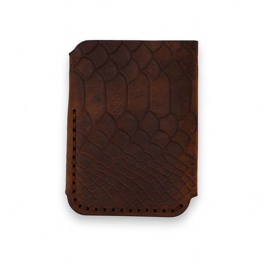 Slim Diagonal Handmade Veg-Tan Full Grain Leather Wallet – Embossed Python Pattern, Slim Minimalist Card Holder, Hand-Stitched