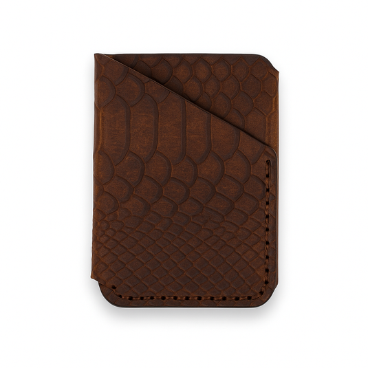 Slim Diagonal Handmade Veg-Tan Full Grain Leather Wallet – Embossed Python Pattern, Slim Minimalist Card Holder, Hand-Stitched