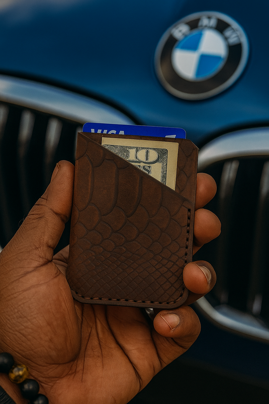 Slim Diagonal Handmade Veg-Tan Full Grain Leather Wallet – Embossed Python Pattern, Slim Minimalist Card Holder, Hand-Stitched